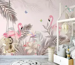 Papel de pared personalizado, foto dibujada a mano, nórdico, tropical, palmera, planta, flamenco, fondo interior, murales de pared, papel tapiz 3d