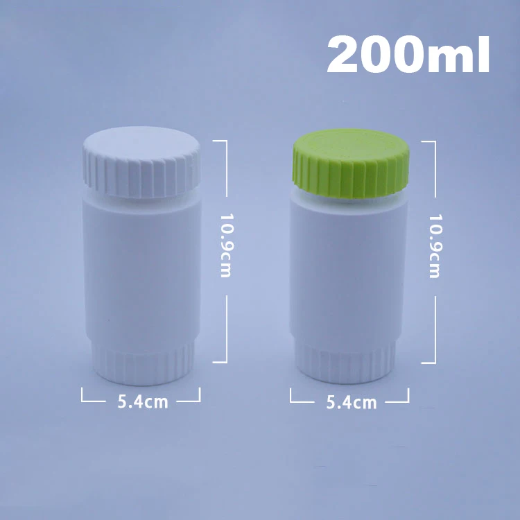 100pcs 200ml White Color HDPE Child-proof Bottles,Capsules/Pills/Powder/Vitamin Plastic Bottles--Green/White Color Gear Caps