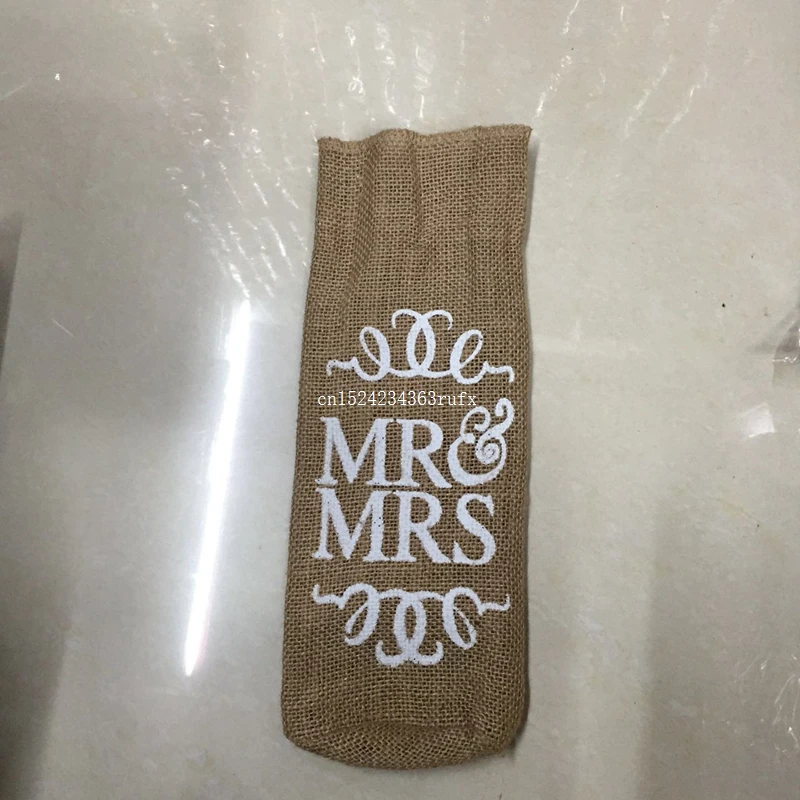 100pcs MR & MRS Burlap Jute Wine Bottle Bag Wedding Decoration Centerpieces Champagne Sleeve Holder Gifts Bags Rustic Vintage