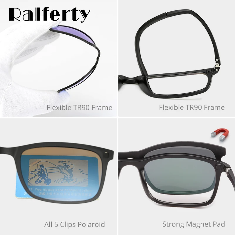 Ralferty Polarized Sunglasses Men Women 5 In 1 Magnetic Clip On Glasses TR90 Optical Prescription Eyeglass Frames Magnet Clips