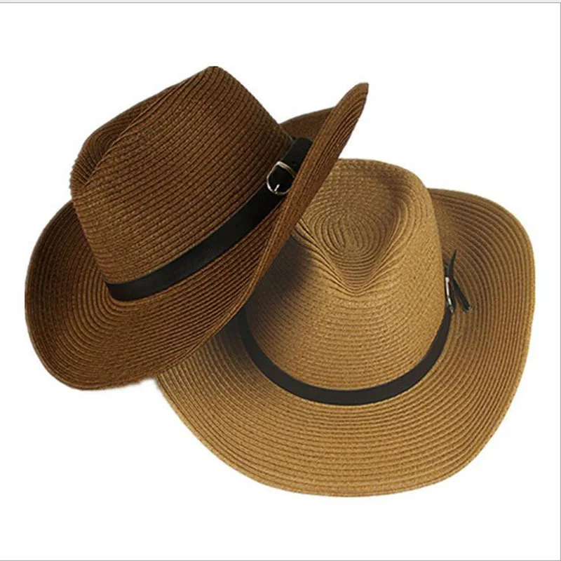 Men Summer Cowboy Knit Straw Hat Fashion Big Wide Brim Casual Beach Sun Sunscreen Block UV Protection Leather Belt Buckle Cap W1