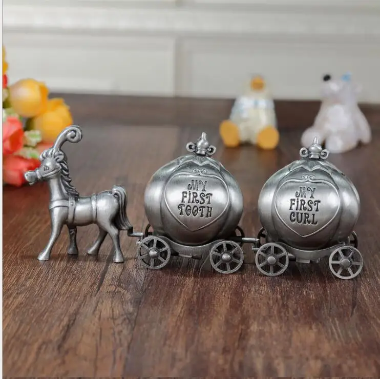 Creative carriage shape baby tooth hair storage box metal tin box storage bin for baby memory RY001