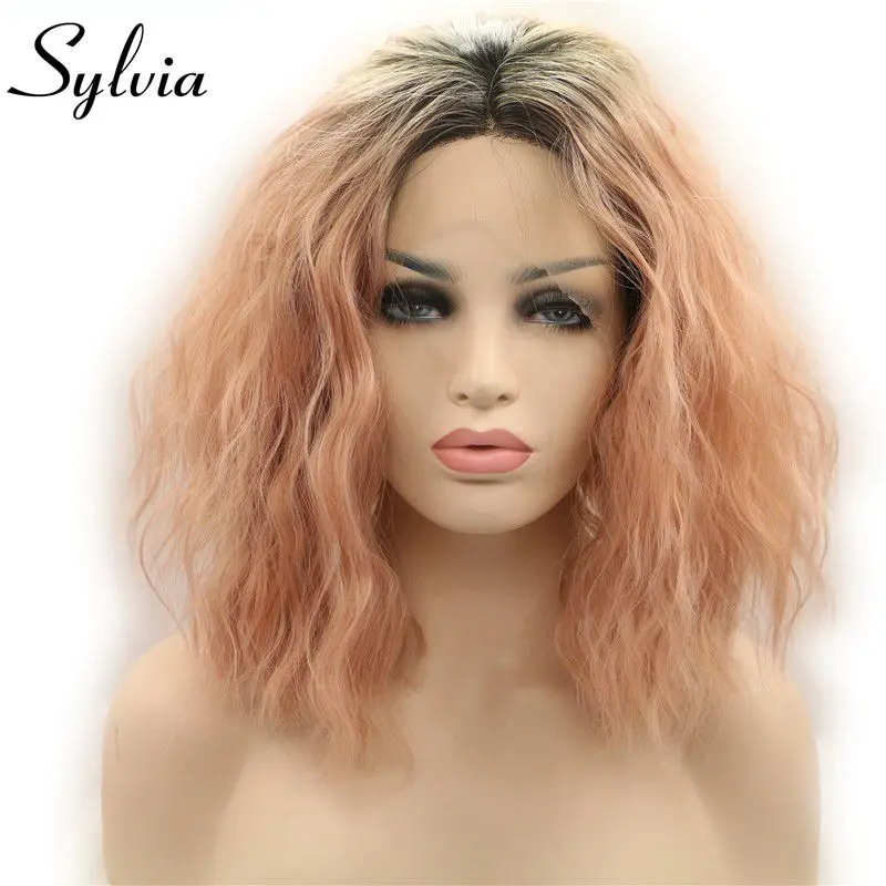 

Sylvia Ombre Black To Smoke Pink Two Tones Color Loose Wave Wig Short Bob Synthetic Lace Front Wigs Heat Resistant Fiber Hair