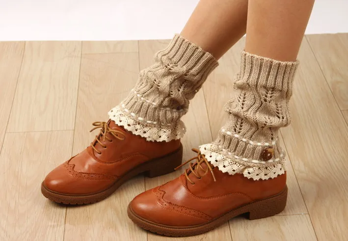 

2016 button Lace Boot Cuffs knit boot topper lace trim faux legwarmers lace cuff shark tank leg warmers 5 color 12 pair/lot#3991