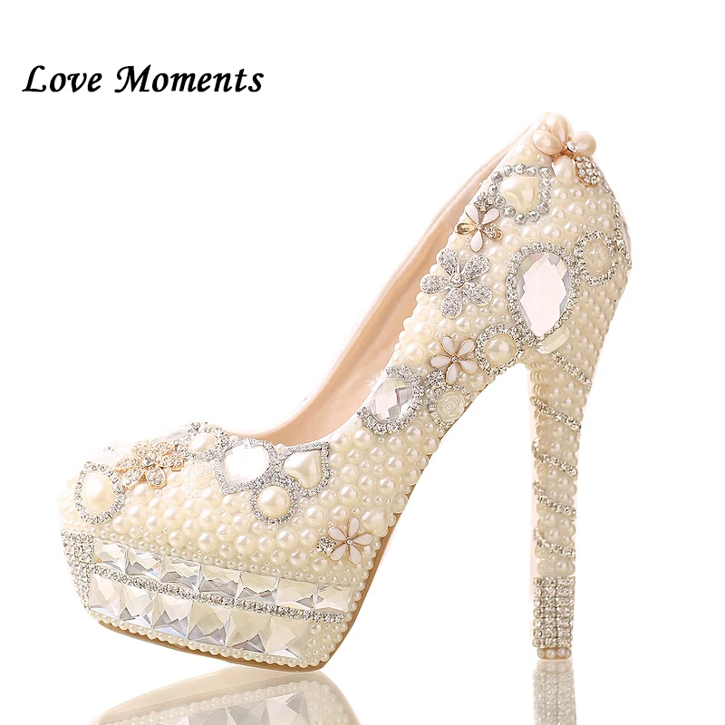 Rhinestone Wedding shoes woman high shoes white/ivory pearl handmade Shoes women\'s Pumps Round toe shallow mouth Pumps