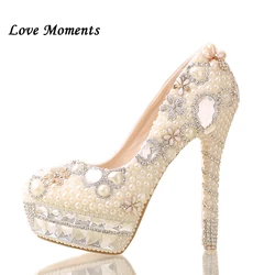 Scarpe Da Sposa strass donna di alta scarpe bianco/avorio perla Scarpe fatte a mano delle donne Pompe punta Rotonda bocca superficiale Pompe