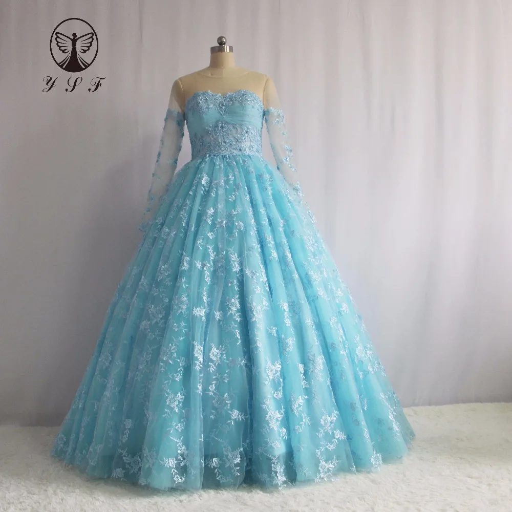 Mode Vestidos De Formatuur Lichtblauwe Juweel Appliqueds Kralen Parels Gezwollen Lange Mouw Kant Prom Dress