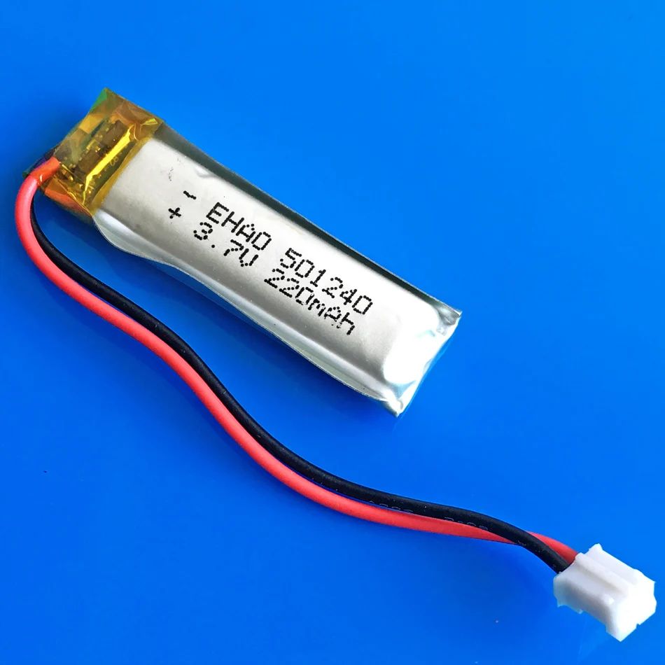 3.7V 220mah Lipo Rechargeable Battery 501240 with JST 2.0mm 2pin Plug For Bluetooth Headphone Recorder Led Light Bracelet watch