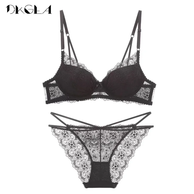 Super Gather Fashion Black Underwear Women Bra Set Push Up Brassiere Cotton Thick Deep V Sexy Bras Lace Lingerie Sets Embroidery