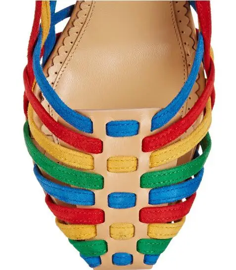 Summer Fashion Rainbow Braided Straps Women Pointy Toe Sandals Unique High Heels Ladies Sexy Colorful Dress Shoes Party Stiletto