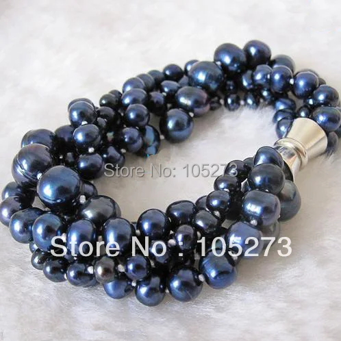 

New Arriver Pearl Jewelry 7-8inch Navy Color AA 4-9MM Natural Freshwater Pearl Beads Bracelet White Magnet Clasp Free Shipping