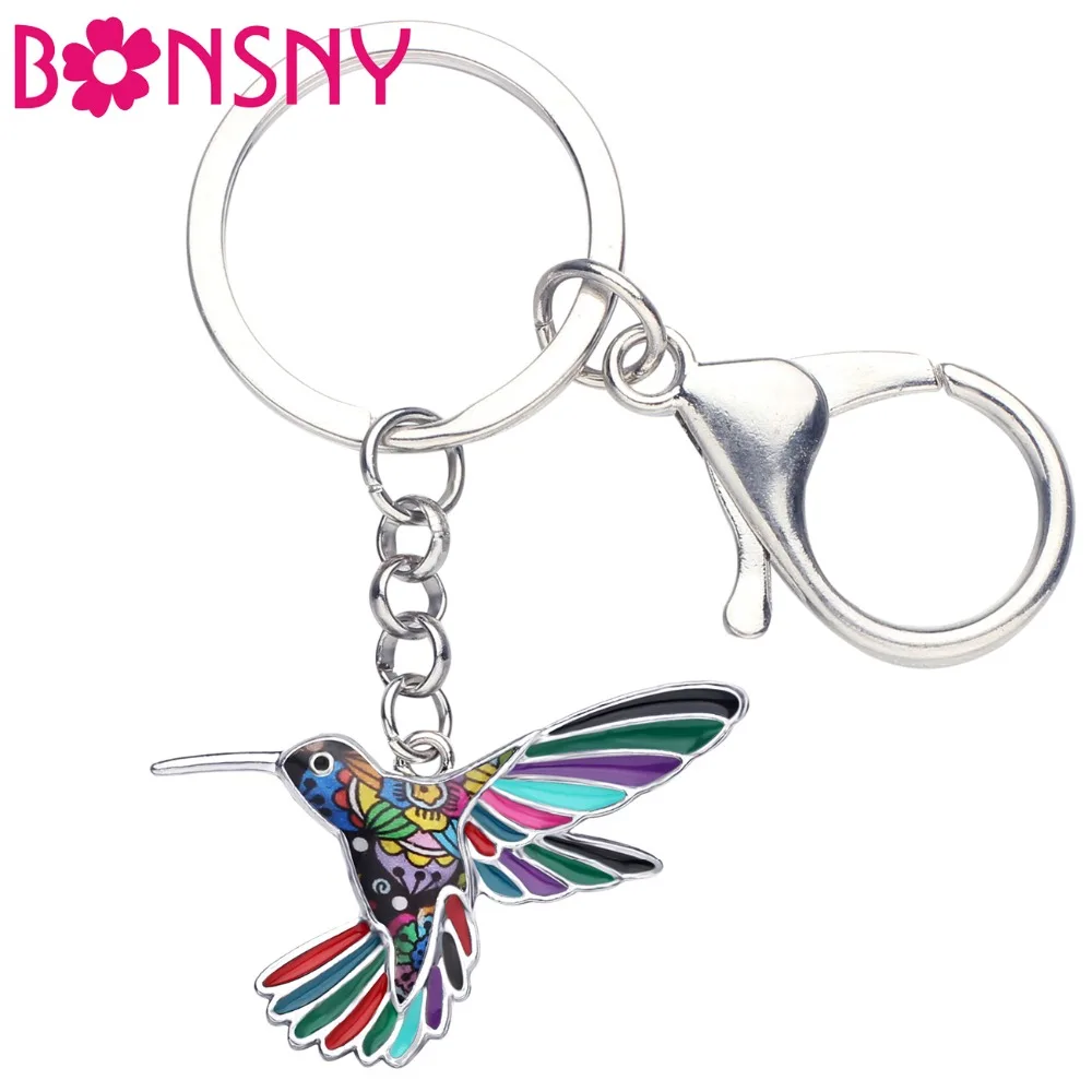 Bonsny Statement Enamel Alloy Floral Hummingbird Bird Key Chain Keychain Ring Animal Jewelry For Women Girls Bag Car Charms Gift