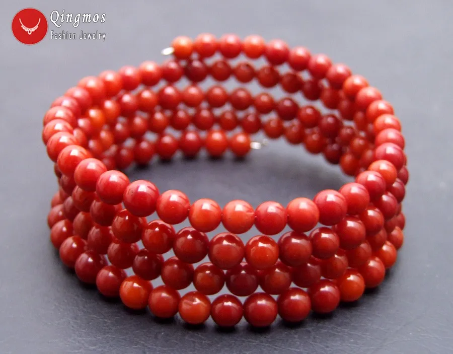 Qingmos Trendy Natural Coral Bracelets for Women with 4-5mm Round Red Coral Steel Wire Wrap Bracelet Fine Jewelry 28'' bra448