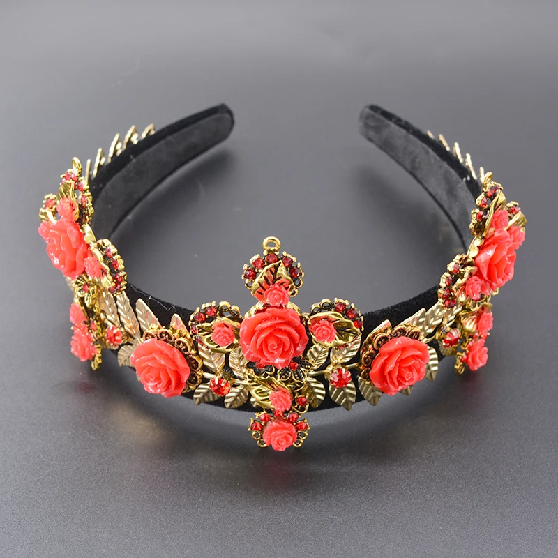 Bride Tiaras Baroque Cross Crown Red Rhinestone Bead Hair Bands Crystal Velvet Wide Headband for Women Party Wedding Hair Jewel