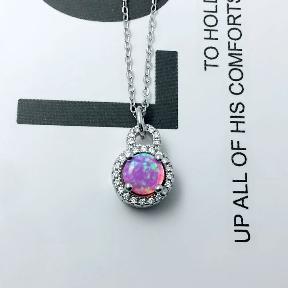 925 Sterling Silver Pendant Necklace Cubic Zirconia & Round Blue Pink White Opal Necklace For Women Fine Jewelry (Lam Hub Fong )