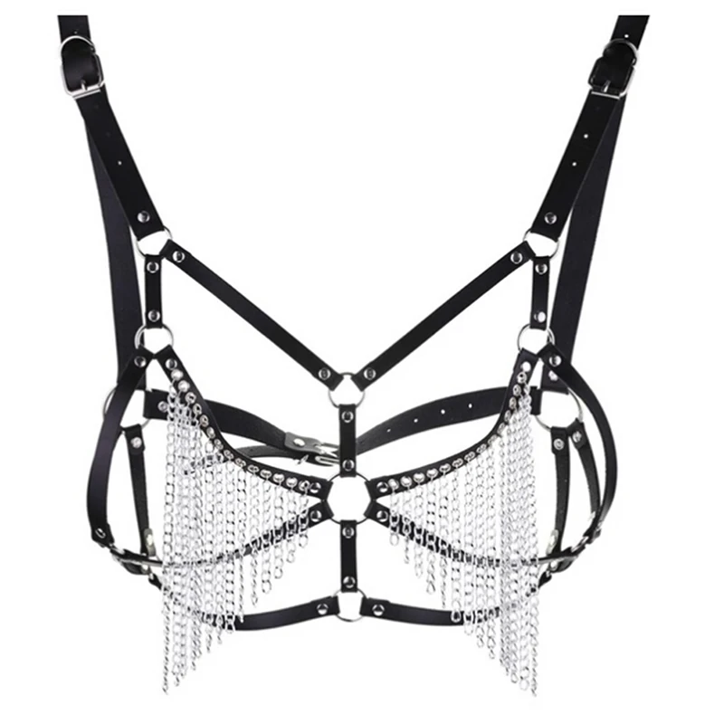 

1PC Punk Cupless Bra Top Leather Harness Belt Body Bondage Chest Straps Black Studded Rivet Cropped Top Fashion