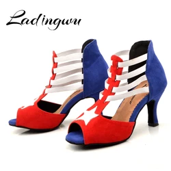 Ladingwu Latin dance shoes Women Suede Red Blue White match wide thin high heel 7.5cm Salsa Performance Ballroom dancing shoes