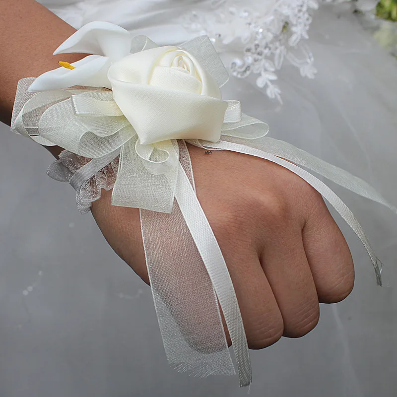 Wifelai-a 1 Buah/Lot Bunga Mawar Sutra Gading PE Calla Lily Bunga Pergelangan Tangan Pita Pengantin Pernikahan Korsase Bunga Tangan Warna Gading