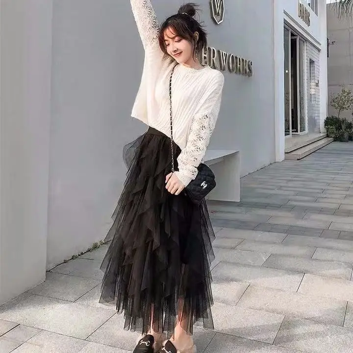 

Spring Summer Autumn Pure Color Mesh Pleated Irregular Long Cake Skirt Women