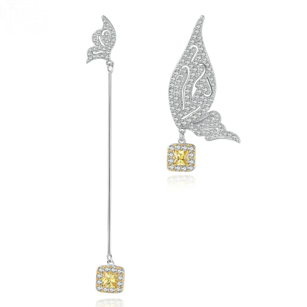 Bilincolor Cubic Zirconia Aysmmetrical Butterfly Yellow Earring for Women