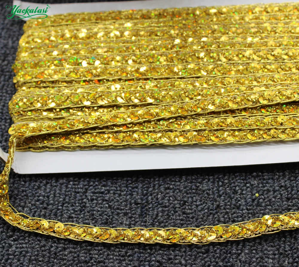 12 Yds Sequined Lace Ribbons Gold Braided Band Crochet Cosplay Costumes Trims Appliqued Sewing Apparel Ribbon 1.2CM