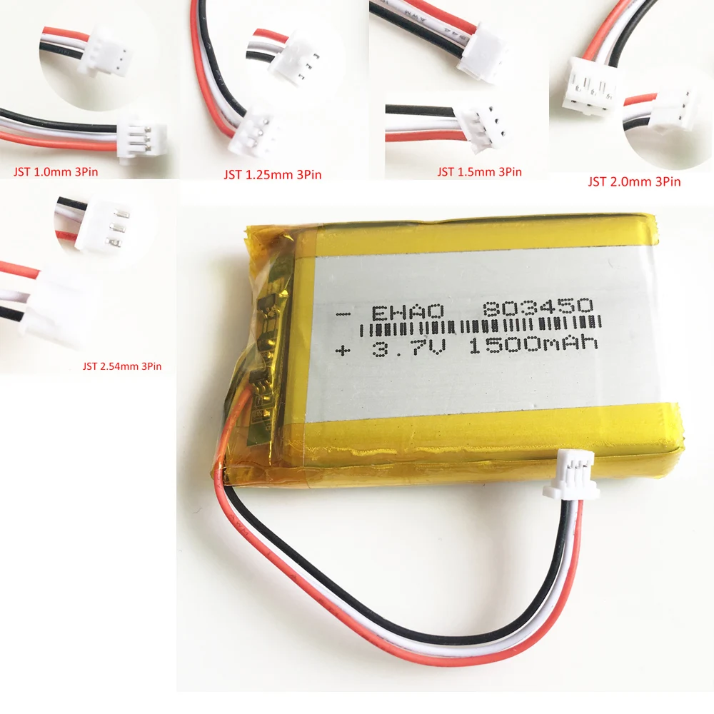 Akumulator litowo-polimerowy Lipo 3,7 V 1500 mAh + 3-pinowe złącze JST 1,0/1,25/1,5/2,0/2,5 mm do telefonu komórkowego DVD 803450