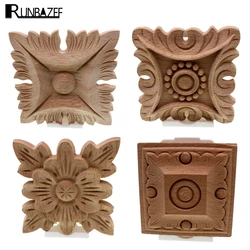 RUNBAZEF Flower Carving Natural Wood Appliques For Furniture Cabinet Unpainted Wooden Mouldings Decal Decorative Figurines