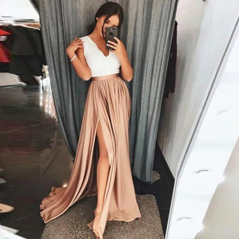 New Orange Long Party Skirts High Waist Sexy Side Slit Elastic Satin Floor Length Formal Skirts For Women Maxi Skirts Custom