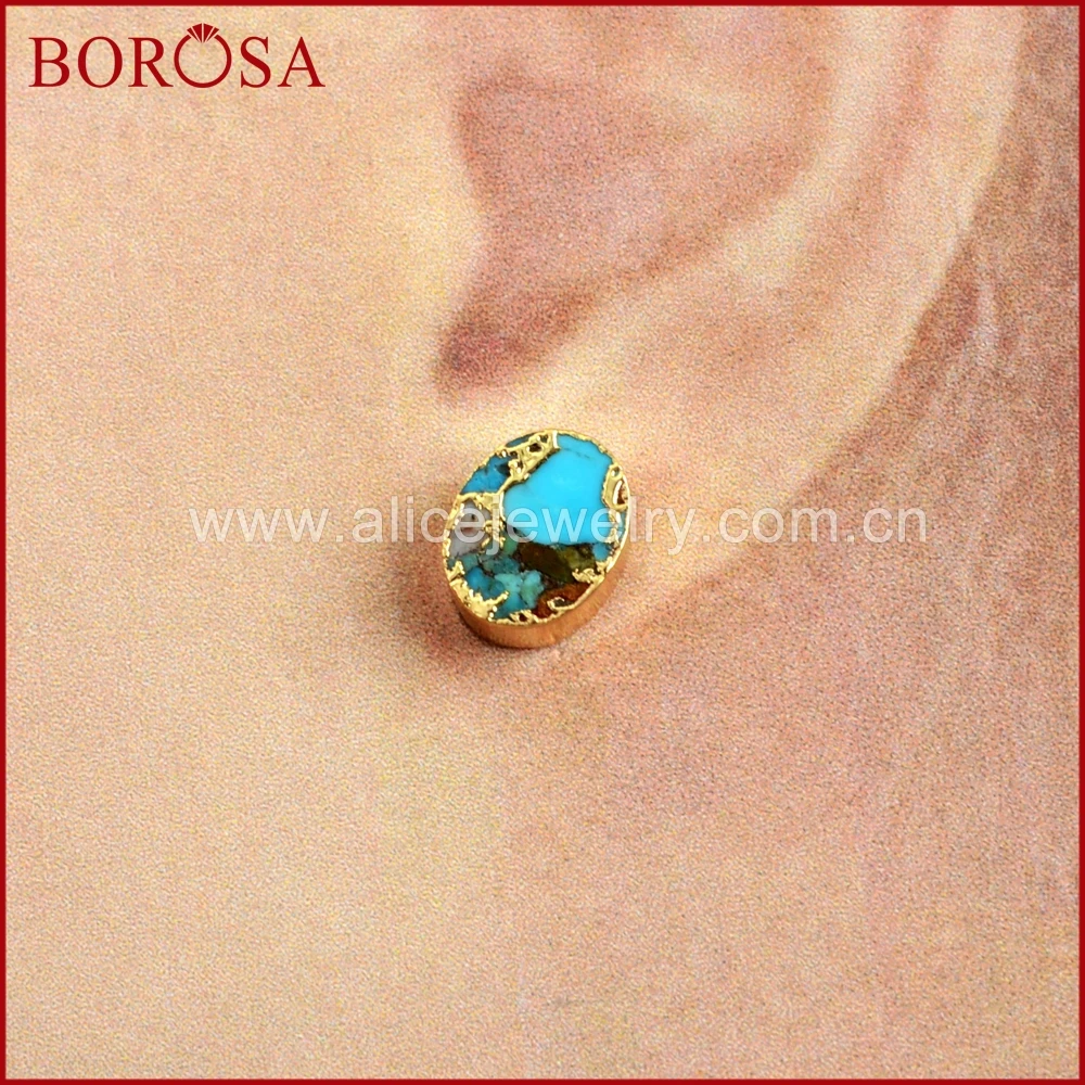 BOROSA 5/10Pairs Fashion Gold Color Oval  Copper Natural Turquoises Stud Earrings Jewelry Natural Blue Stone Women Earring G1546