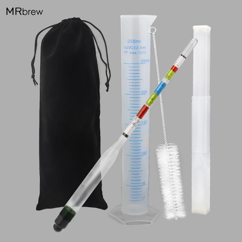 Hydrometer &Test Jar For Wine Beer Mead And Kombucha,Triple Scale Hydrometer,250ml Plastic Mesuring Cylinder,Cleaning Brush &Bag