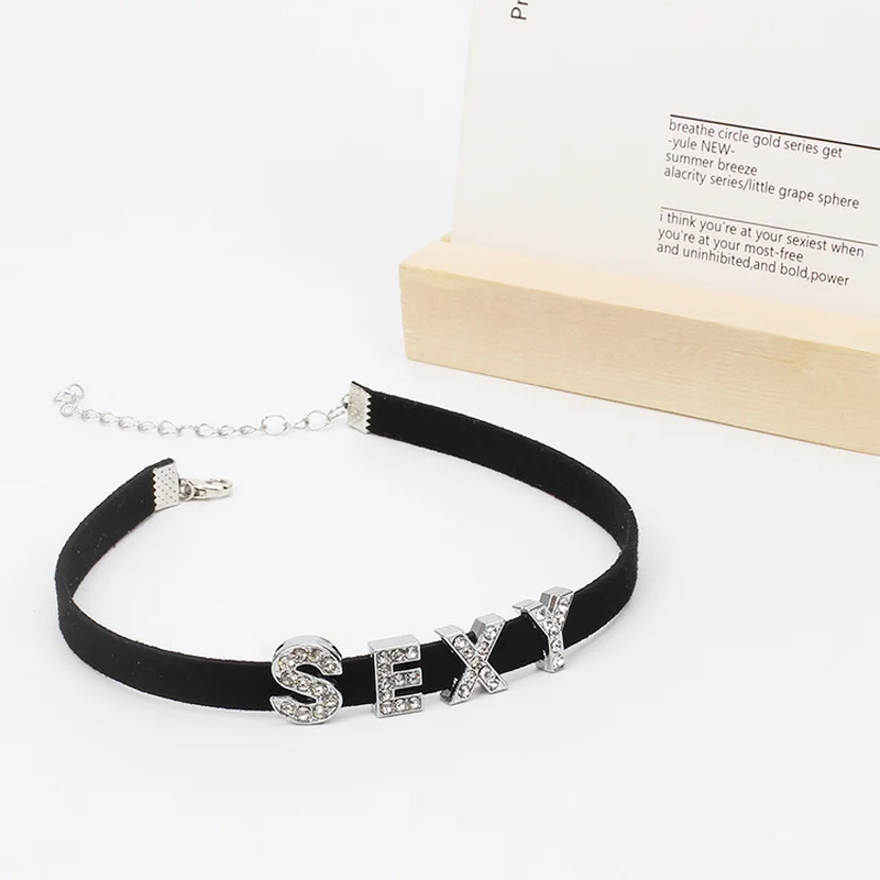 Fashion Rhinestone SEXY Letter Necklace Women Korean Velvet Clavicle Chain Choker Necklaces Neck Collares Harajuku Jewelry YRX08