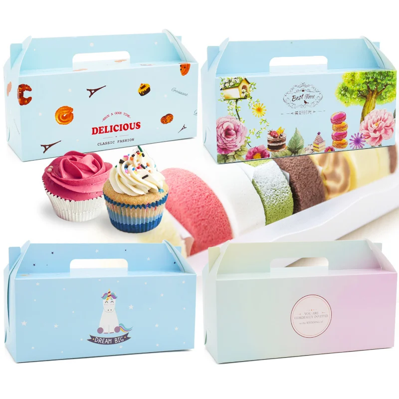 

100 Pcs Cupcake Box With Window Handle circus Unicorn Roll Cake Kraft Paper Gift Box Packaging Party Favor Wedding Cake Boxes