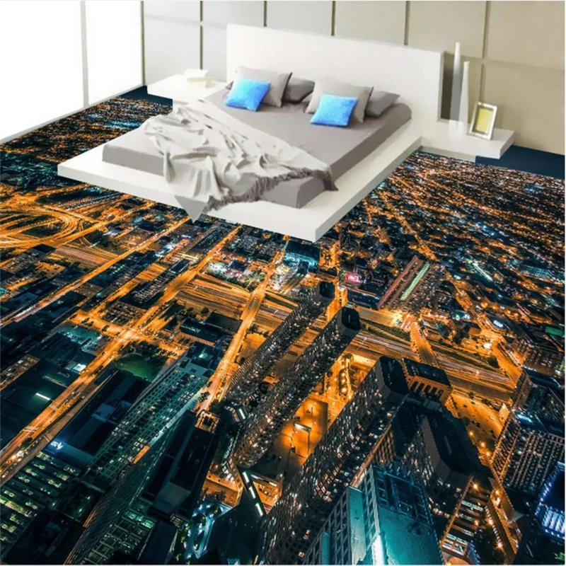 beibehang Bustling urban night 3D floor custom large fresco pvc wear resistant environmental waterproof film papel de parede