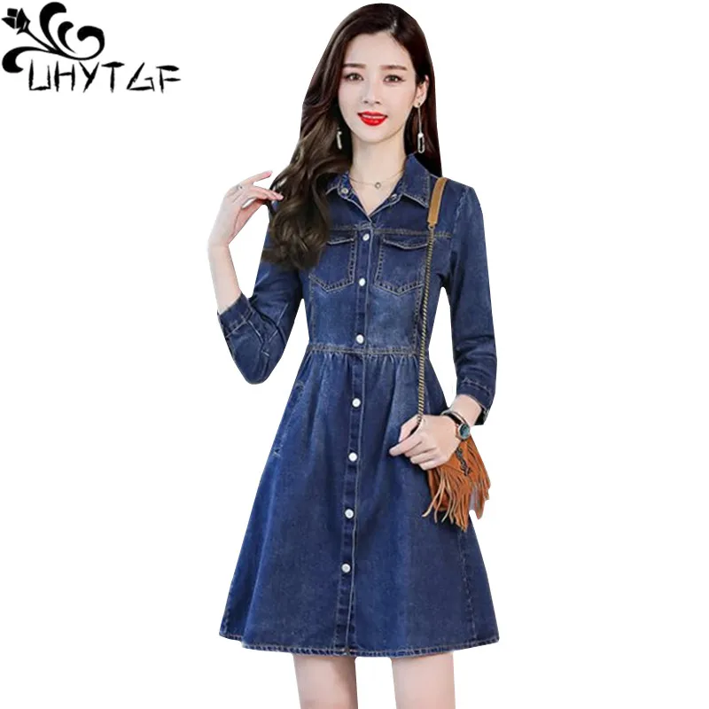 UHYTGF Elegant Womens Spring Denim Dress Fashion Single-Breasted Big Size Dresses Long-Sleeved Pocket Casual Ladies Dress 242