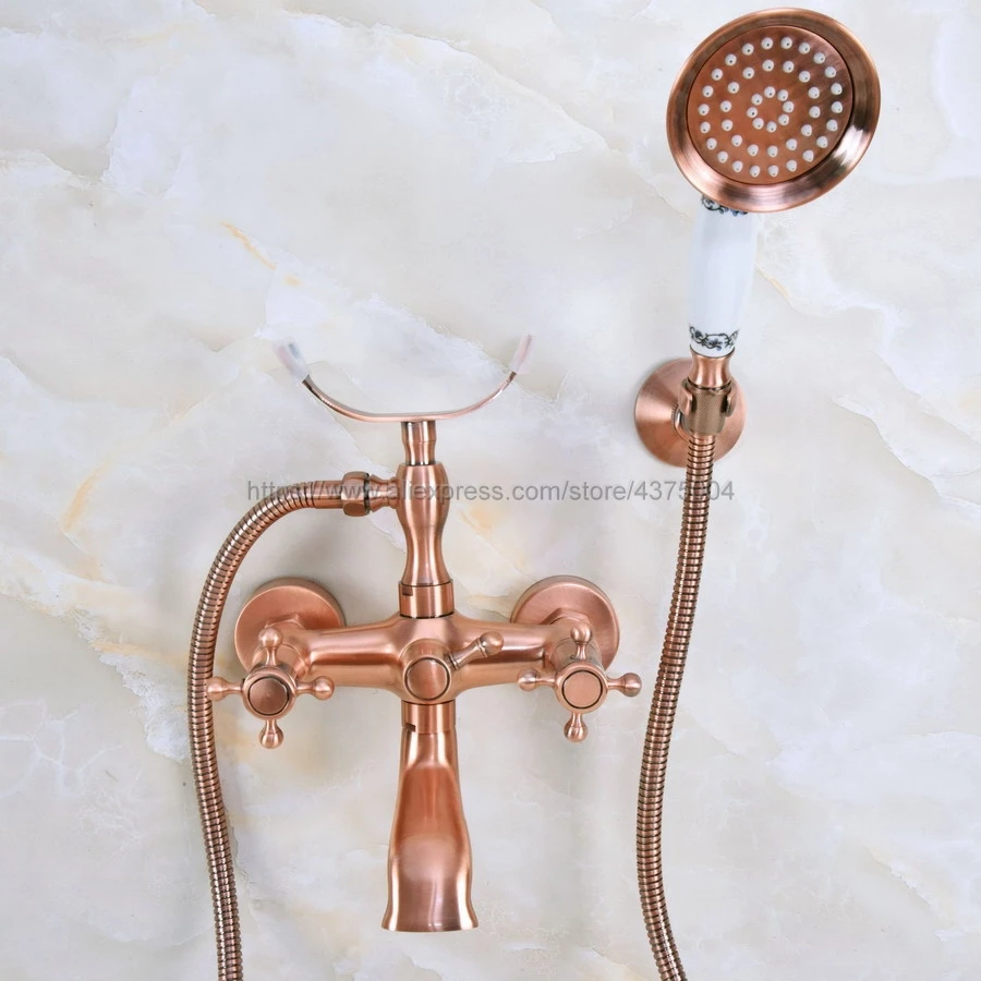 Antique Red Copper Wall Mount Bathtub Bathroom Faucet Telephone Style Mixer Faucet Tap with Dual Handle Handshower Nna359