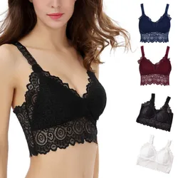 Sexy Women Lace Crochet Bralette Bralet Bra Bustier Crop Top Floral Cami Padded Tank Tops Modal Full Cup Wire Free Bras