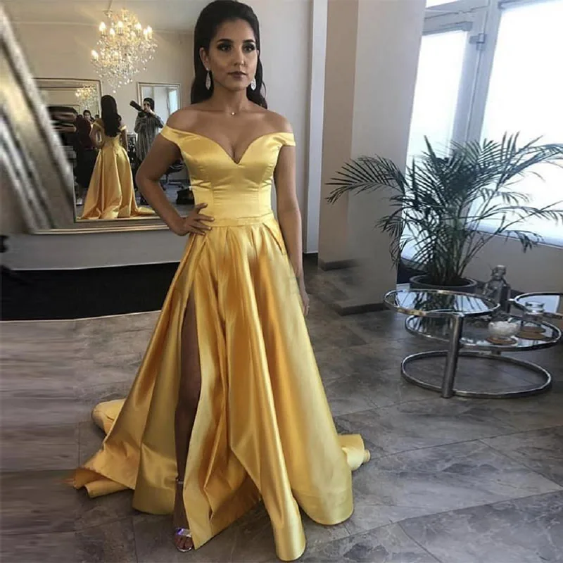 Sexy Prom Dresses Side Split Off The Shoulder Yellow Satin Long Evening Party Gowns A Line Women Formal Dress Robe De Soiree