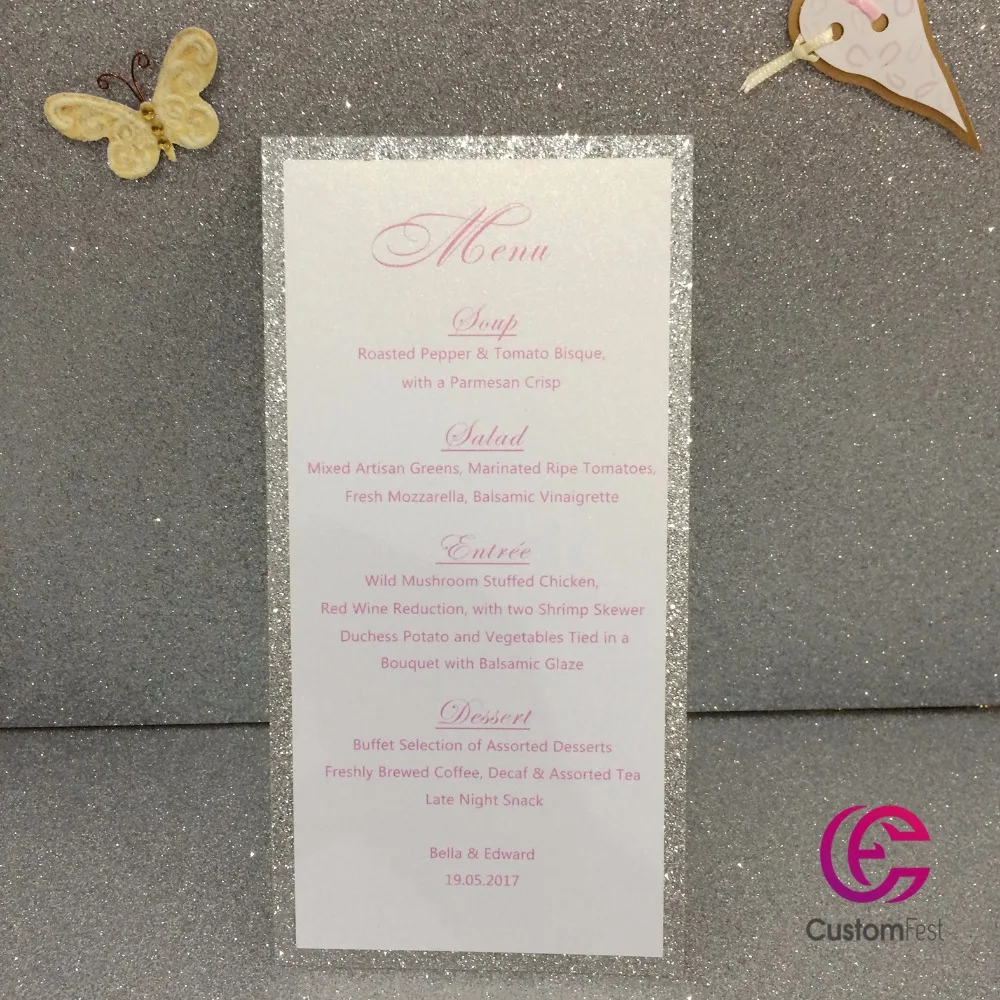 

30pcs/lot Personalized menu two layers menu handmade Silver glitter with pink whole set available