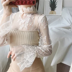 Gowyimmes SPring Sweety Girl Floral Lace Shirt Sexy Women Hollow Out Mesh Blouse Lady Long Sleeve Blusas Basic Tops Pullover 228