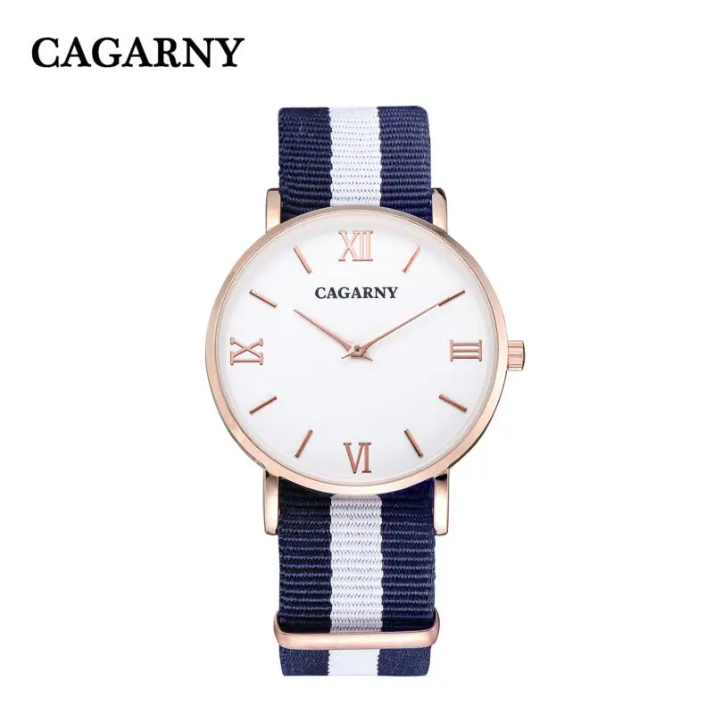 Reloj de cuarzo Cagarny a la moda, relojes informales para hombre, caja de oro rosa ultrafina para mujer, correa de reloj de nailon, relojes de