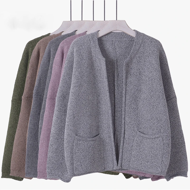 Women Thick No Buttons Knitting Cardigans Pockets Short Casual Full Sleeve Sweaters Solid Color Jersey Sweater