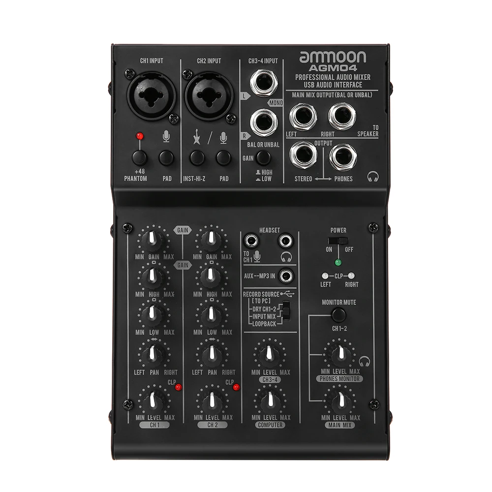 Ammoon Sound Mixing Console Digital Audio Mixer Mini 4-Channel 2-band EQ 48V Phantom Power 5V USB Power mixer audio AGM 04/03/02