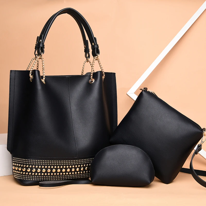 Luxury Designer Women PU Leather Handbags High Quality 3 Pieces Set Shoulder Bag Fashion Rivet Casual Female Tote Crossbody Bags