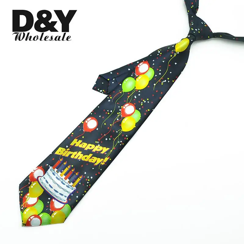 Mens Tie Novelty Happy Birthday Cake Colorful Balloon Printing Neckties Polyester 10 cm Wide Cravate Gift Party Brand Design