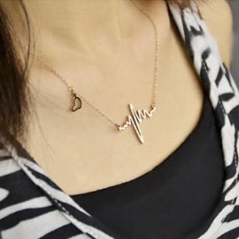 New Fashion ECG Pendant Love Heart Necklace Collier for Women Wedding&Engagement Jewelry Girl Gift Collares Long Clavicle Chain