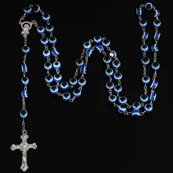 8mm Turkish Jewelry Blue Eye Necklaces For Men / Women Trendy Stainless Steel Saint Benedict Rosary Cross Long Necklace