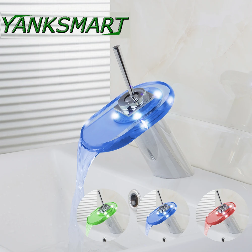 YANKSMART Bathroom Facet Glass Single Handle Hole Tap Chrome polish Mixer Taps Waterfall Bathroom Basin Faucet LED Color Change