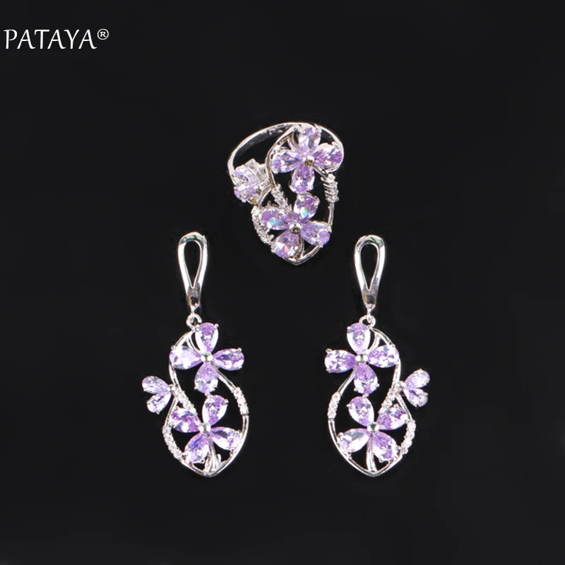 PATAYA New Light Blue Flowers True White Gold Color Jewelry Sets Natural Zirconia Ring Long Earring Set Women Romantic Jewelry