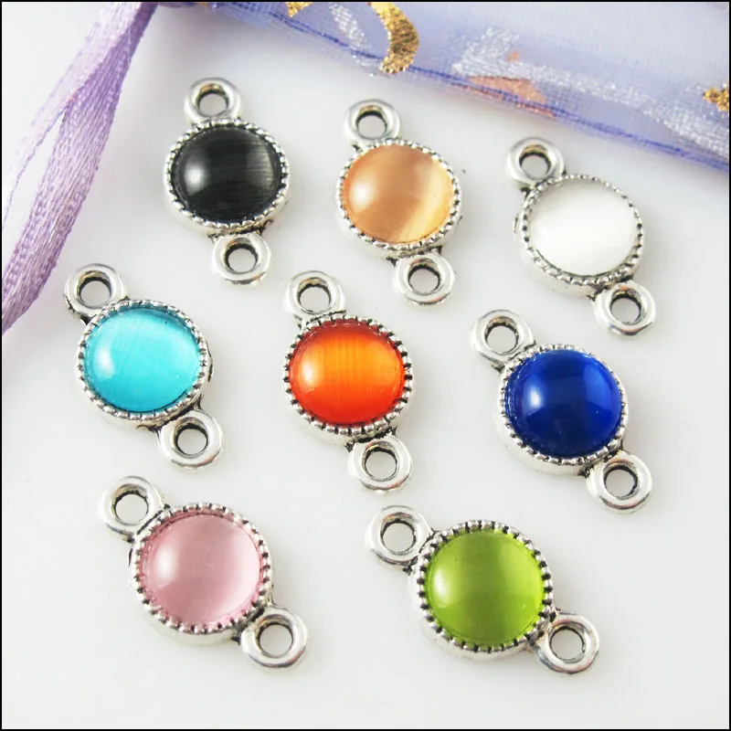 16個の混合チベットシルバーストーンラウンドチャームペンダンターコネクタ10x18.5mm