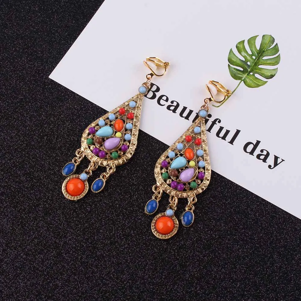 Hot zinc Alloy Bohemia beads Statement Clip on Earrings Fancy Luxury Summer Style Big Without Piercing Earrings For Women gift